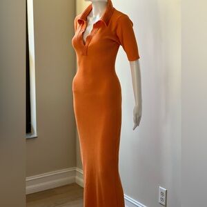 Caroline Constas Rib Knit Orange Crochet Collar Midi Dress - Size Small